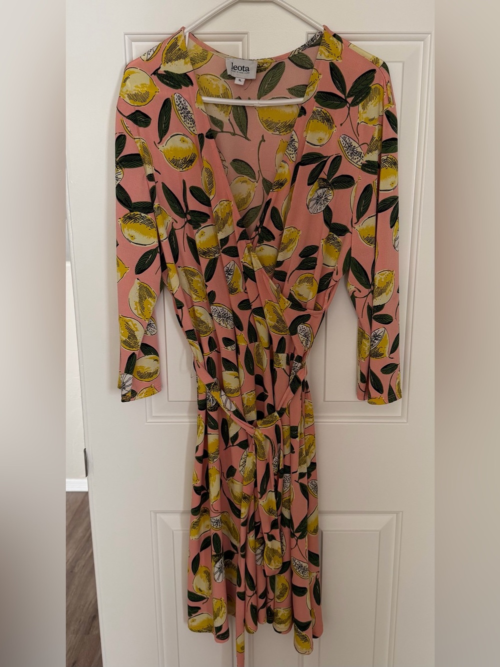 Leota Pink Lemon-Print Long Sleeve Faux Wrap Dress